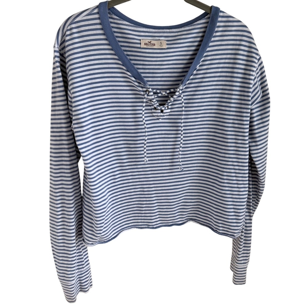 Hollister Y2K 90s‎ Mallcore Blue White Stripe Lace Up Cropped Long Sleeve Top S